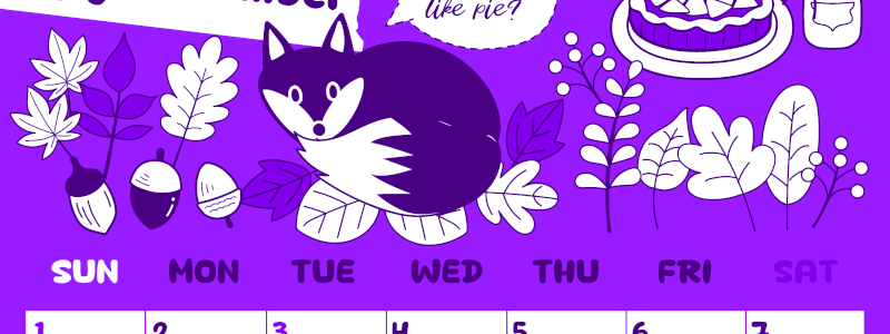 2026年11月縦型日曜始まり アップルパイのイラストがかわいいA4無料パープルのカレンダー(2026-01001110)