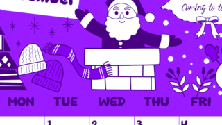 2026年12月縦型日曜始まり サンタのイラストがかわいいA4無料パープルのカレンダー(2026-01001210)