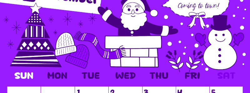 2026年12月縦型日曜始まり サンタのイラストがかわいいA4無料パープルのカレンダー(2026-01001210)