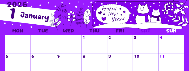 2026年1月横型月曜始まり 雪と猫イラストのかわいいA4無料パープルのカレンダー(2026-01000101)