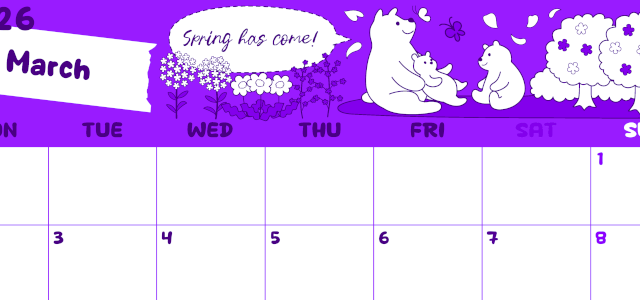 2026年3月横型月曜始まり ポップかわいい白熊イラストのA4無料パープルのカレンダー(2026-01000301)