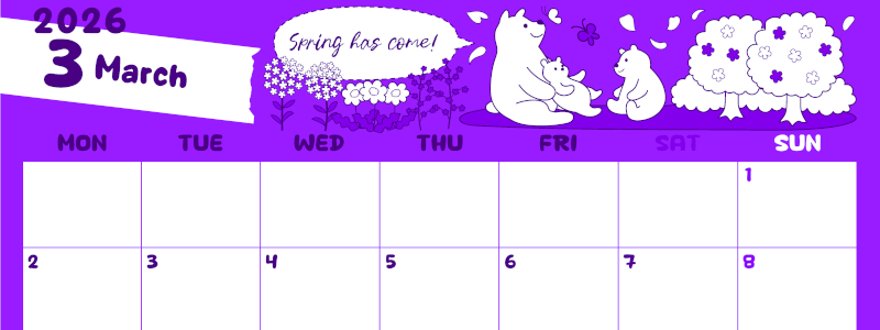 2026年3月横型月曜始まり ポップかわいい白熊イラストのA4無料パープルのカレンダー(2026-01000301)
