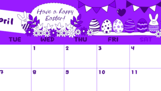 2026年4月横型月曜始まり イースターエッグイラストのかわいいA4無料パープルのカレンダー(2026-01000401)