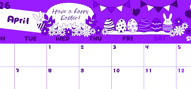 2026年4月横型月曜始まり イースターエッグイラストのかわいいA4無料パープルのカレンダー(2026-01000401)