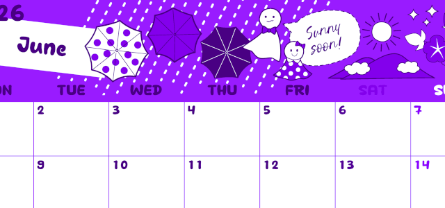 2026年6月横型月曜始まり 季節イラストのかわいいA4無料パープルのカレンダー(2026-01000601)