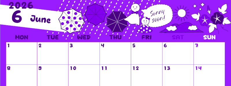 2026年6月横型月曜始まり 季節イラストのかわいいA4無料パープルのカレンダー(2026-01000601)