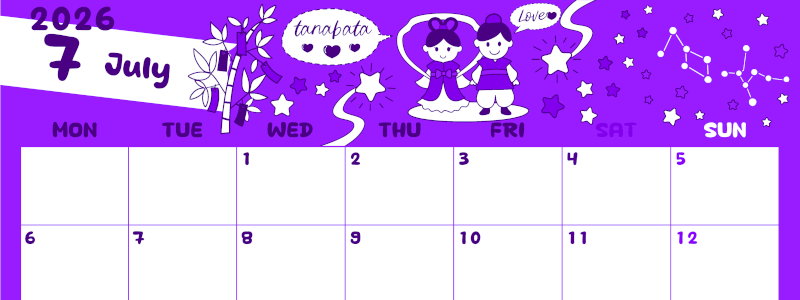 2026年7月横型月曜始まり ポップなイラストがかわいいA4無料パープルのカレンダー(2026-01000701)
