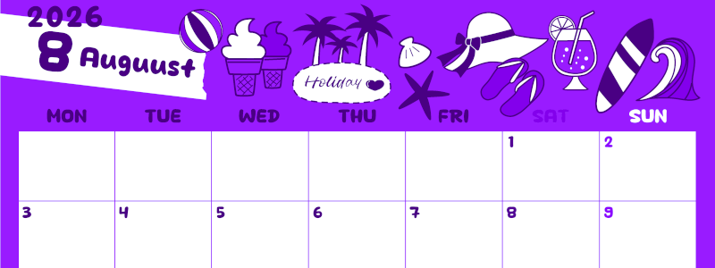 2026年8月横型月曜始まり 海岸イラストのかわいいA4無料パープルのカレンダー(2026-01000801)