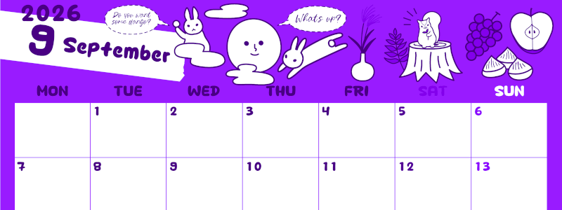 2026年9月横型月曜始まり 森の動物イラストがかわいいA4無料パープルのカレンダー(2026-01000901)