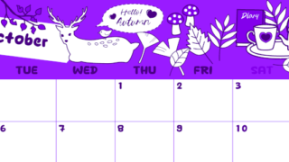 2026年10月横型月曜始まり 鹿のイラストがかわいいA4無料パープルのカレンダー(2026-01001001)