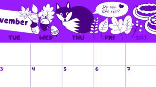 2026年11月横型月曜始まり アップルパイのイラストがかわいいA4無料パープルのカレンダー(2026-01001101)