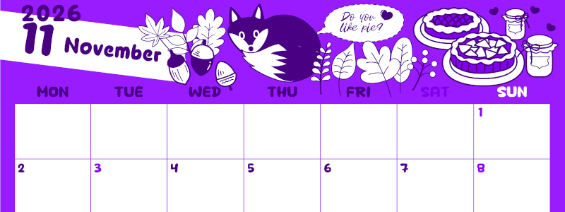 2026年11月横型月曜始まり アップルパイのイラストがかわいいA4無料パープルのカレンダー(2026-01001101)