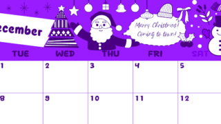 2026年12月横型月曜始まり サンタのイラストがかわいいA4無料パープルのカレンダー(2026-01001201)