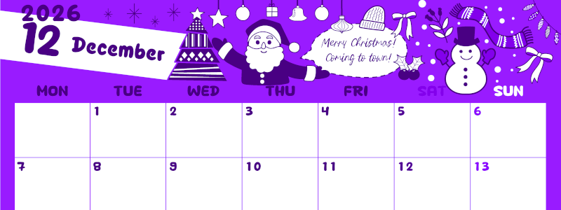 2026年12月横型月曜始まり サンタのイラストがかわいいA4無料パープルのカレンダー(2026-01001201)