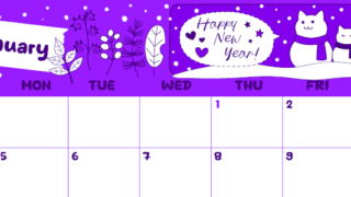 2026年1月横型日曜始まり 雪だるま猫イラストのかわいいA4無料パープルのカレンダー(2026-01000100)