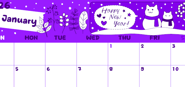 2026年1月横型日曜始まり 雪だるま猫イラストのかわいいA4無料パープルのカレンダー(2026-01000100)