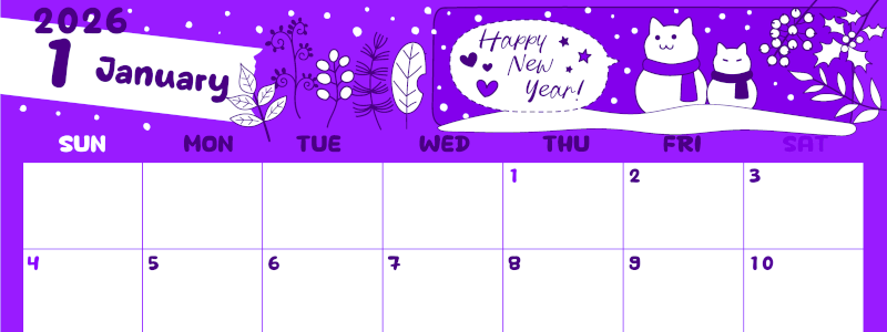 2026年1月横型日曜始まり 雪だるま猫イラストのかわいいA4無料パープルのカレンダー(2026-01000100)