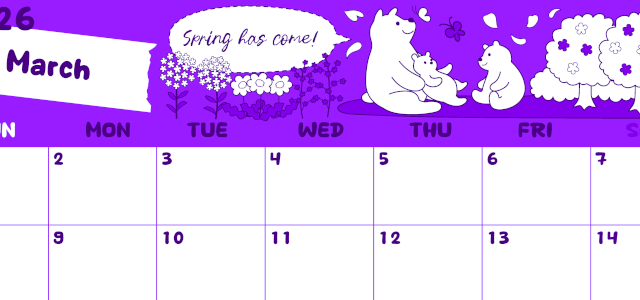 2026年3月横型日曜始まり ポップかわいい白熊イラストのA4無料パープルのカレンダー(2026-01000300)