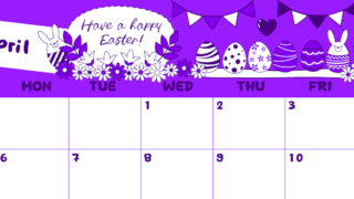 2026年4月横型日曜始まり イースターエッグイラストのかわいいA4無料パープルのカレンダー(2026-01000400)