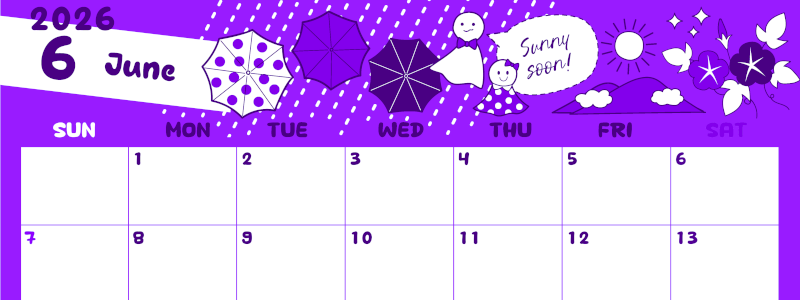 2026年6月横型日曜始まり 季節イラストのかわいいA4無料パープルのカレンダー(2026-01000600)