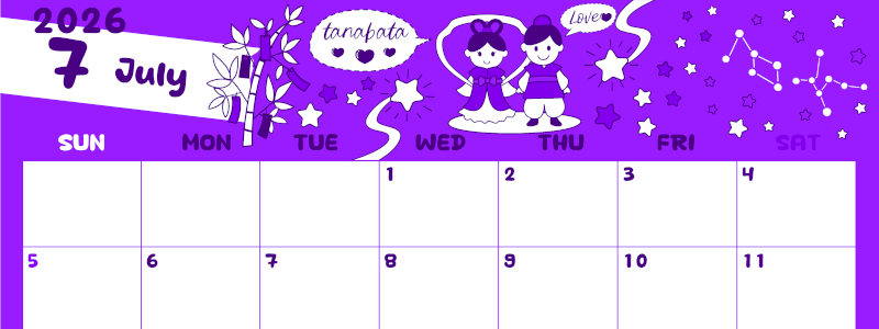 2026年7月横型日曜始まり ポップなイラストがかわいいA4無料パープルのカレンダー(2026-01000700)