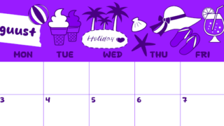 2026年8月横型日曜始まり 海岸イラストのかわいいA4無料パープルのカレンダー(2026-01000800)