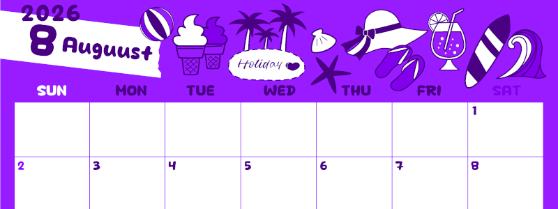 2026年8月横型日曜始まり 海岸イラストのかわいいA4無料パープルのカレンダー(2026-01000800)