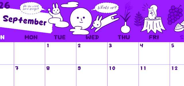 2026年9月横型日曜始まり 森の動物イラストがかわいいA4無料パープルのカレンダー(2026-01000900)