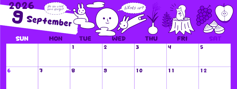2026年9月横型日曜始まり 森の動物イラストがかわいいA4無料パープルのカレンダー(2026-01000900)