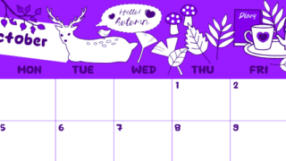 2026年10月横型日曜始まり 鹿のイラストがかわいいA4無料パープルのカレンダー(2026-01001000)