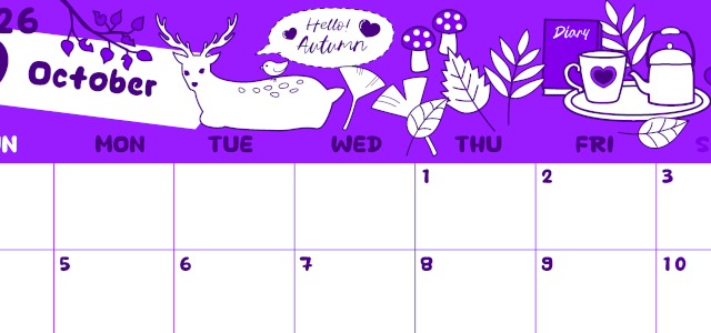 2026年10月横型日曜始まり 鹿のイラストがかわいいA4無料パープルのカレンダー(2026-01001000)