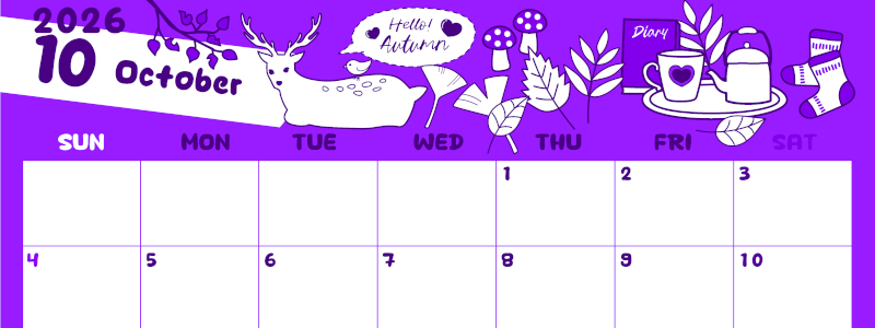 2026年10月横型日曜始まり 鹿のイラストがかわいいA4無料パープルのカレンダー(2026-01001000)