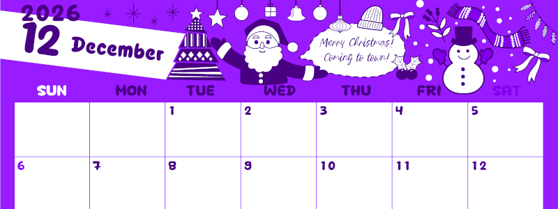 2026年12月横型日曜始まり サンタのイラストがかわいいA4無料パープルのカレンダー(2026-01001200)