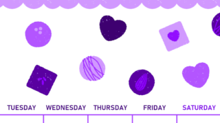 2026年2月縦型月曜始まり チョコのイラストがかわいいA4無料パープルのカレンダー(2026-01010211)