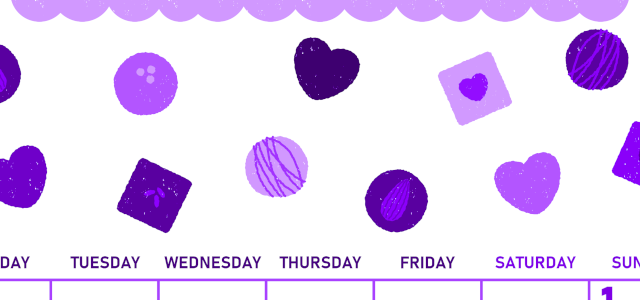 2026年2月縦型月曜始まり チョコのイラストがかわいいA4無料パープルのカレンダー(2026-01010211)