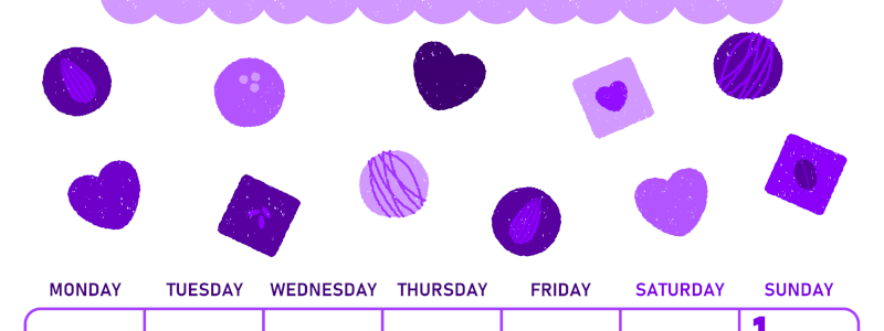 2026年2月縦型月曜始まり チョコのイラストがかわいいA4無料パープルのカレンダー(2026-01010211)