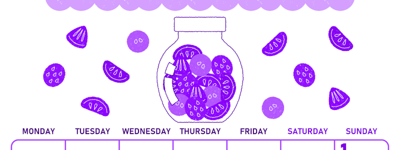 2026年3月縦型月曜始まり 果物イラストのかわいいA4無料パープルのカレンダー(2026-01010311)