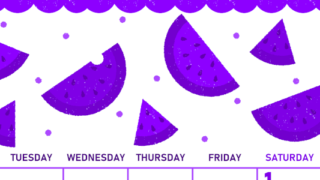 2026年8月縦型月曜始まり 季節の果物イラストのかわいいA4無料パープルのカレンダー(2026-01010811)