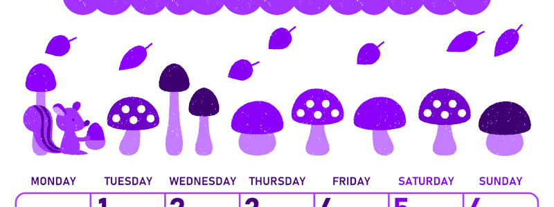 2026年9月縦型月曜始まり 秋の季節イラストがかわいいA4無料パープルのカレンダー(2026-01010911)