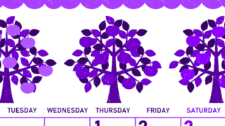 2026年10月縦型月曜始まり リンゴの木イラストのかわいいA4無料パープルのカレンダー(2026-01011011)