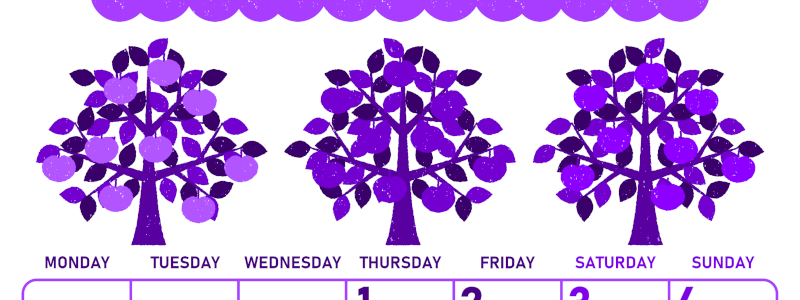 2026年10月縦型月曜始まり リンゴの木イラストのかわいいA4無料パープルのカレンダー(2026-01011011)