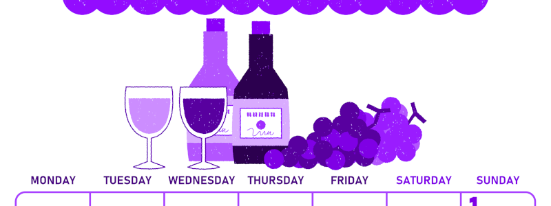 2026年11月縦型月曜始まり ぶどうイラストのかわいいA4無料パープルのカレンダー(2026-01011111)