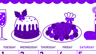 2026年12月縦型月曜始まり 御馳走イラストのかわいいA4無料パープルのカレンダー(2026-01011211)