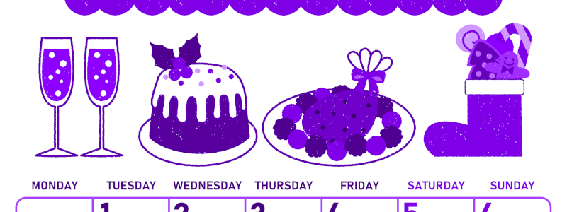 2026年12月縦型月曜始まり 御馳走イラストのかわいいA4無料パープルのカレンダー(2026-01011211)