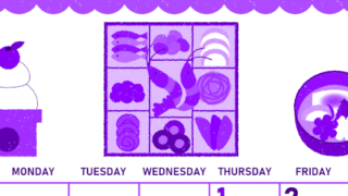 2026年1月縦型日曜始まり おいしいお節イラストのかわいいA4無料パープルのカレンダー(2026-01010110)