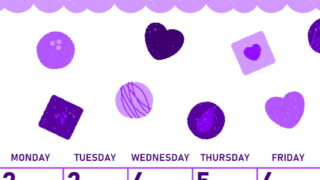 2026年2月縦型日曜始まり チョコのイラストがかわいいA4無料パープルのカレンダー(2026-01010210)