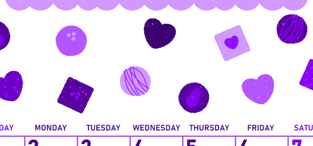 2026年2月縦型日曜始まり チョコのイラストがかわいいA4無料パープルのカレンダー(2026-01010210)