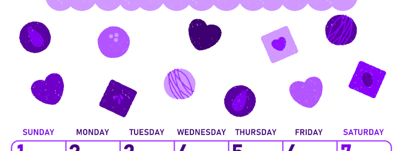 2026年2月縦型日曜始まり チョコのイラストがかわいいA4無料パープルのカレンダー(2026-01010210)