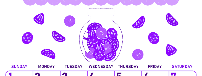 2026年3月縦型日曜始まり 果物イラストのかわいいA4無料パープルのカレンダー(2026-01010310)