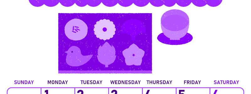 2026年6月縦型日曜始まり 和菓子イラストのかわいいA4無料パープルのカレンダー(2026-01010610)